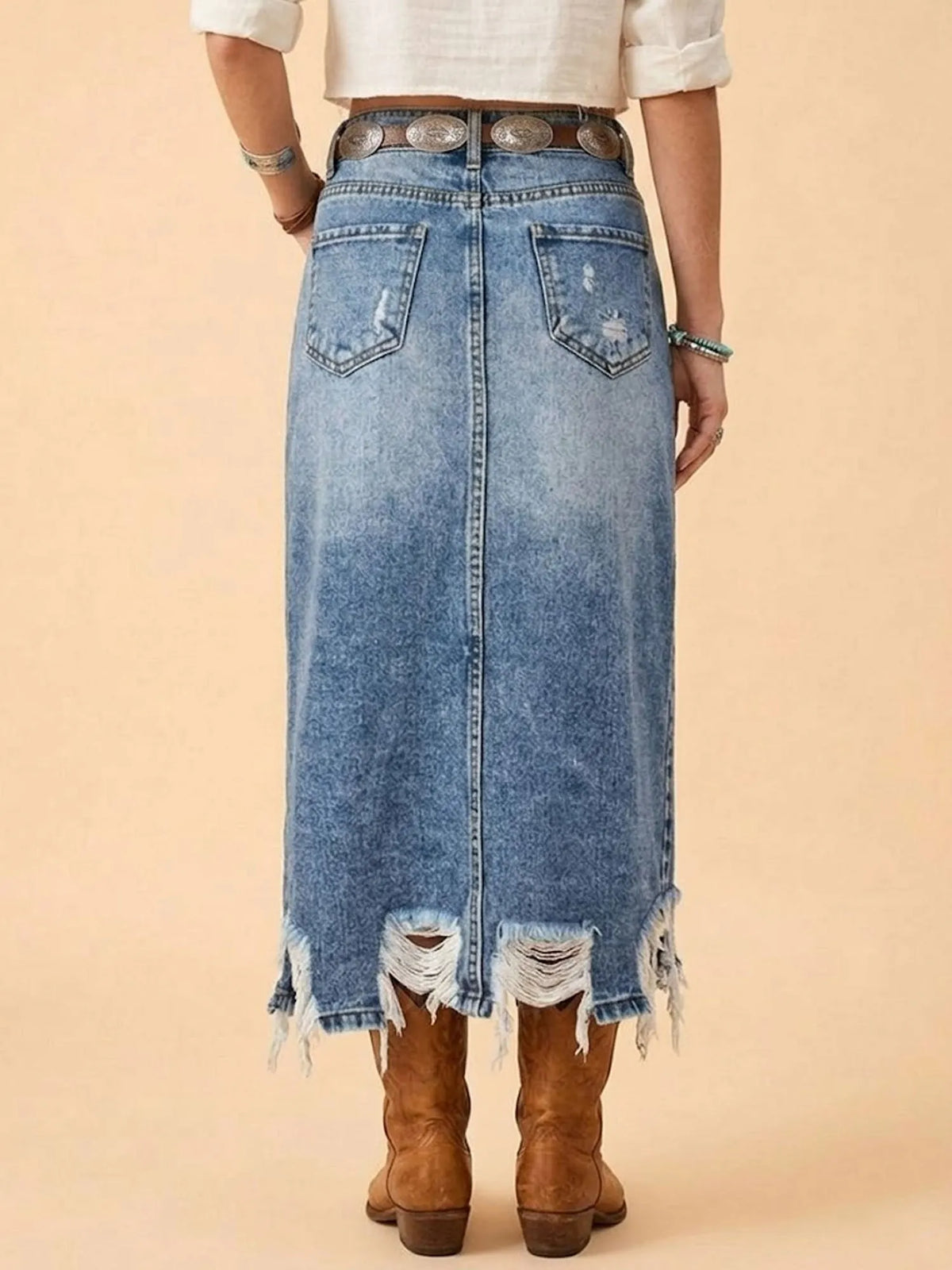 Perfect for Outdoor Festivals & Desert Shoots — Nostalgic Wash Blue Irregular Fringed Distressed Stretch Denim Midi Skirt