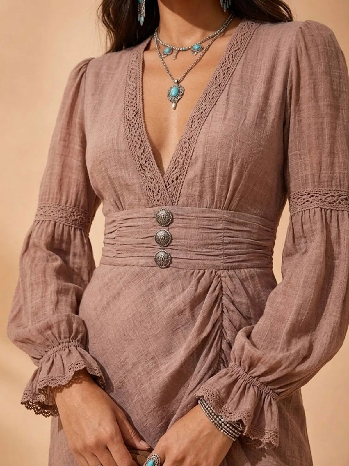 Modern Cowgirl Series — 2026 S/S Vintage Dusty Rose Bishop Sleeve Lace-Trim Maxi Dress