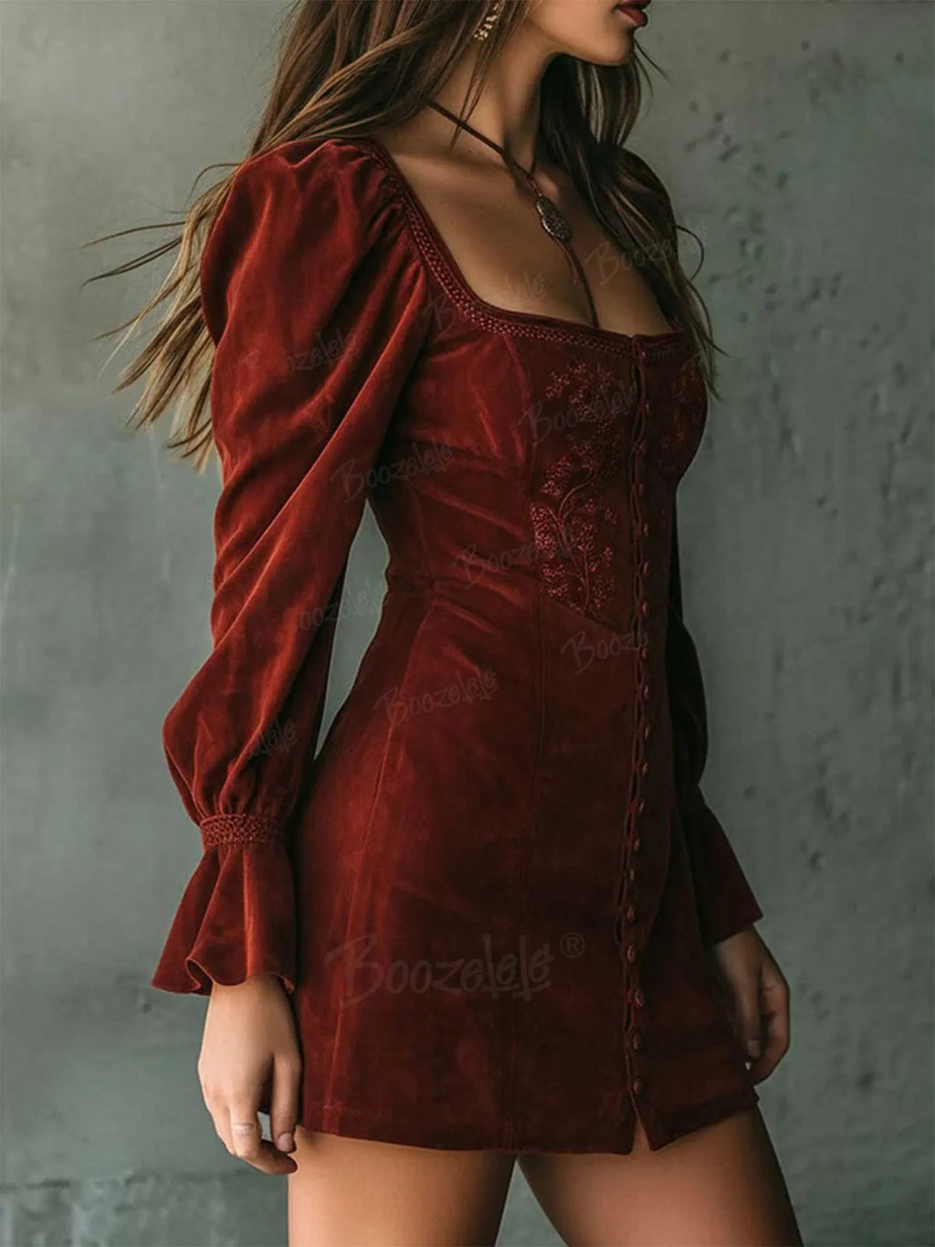 Vintage Rust Red Square Neck Embroidered Button-Front Mini Dress