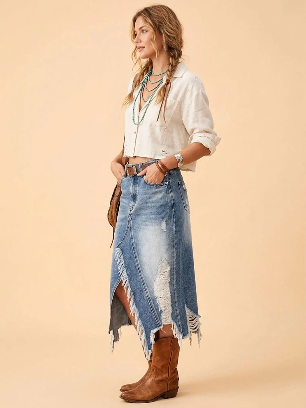Perfect for Outdoor Festivals & Desert Shoots — Nostalgic Wash Blue Irregular Fringed Distressed Stretch Denim Midi Skirt