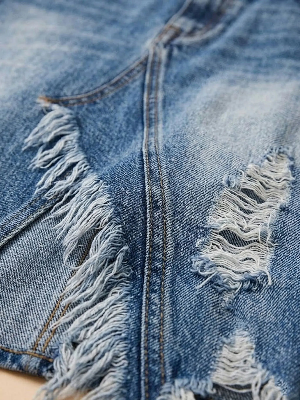 Perfect for Outdoor Festivals & Desert Shoots — Nostalgic Wash Blue Irregular Fringed Distressed Stretch Denim Midi Skirt