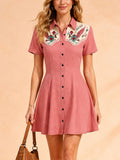 Western Romance Series — 2026 S/S Pink Denim-Feel Button-Front Slim-Fit Flared Mini Dress-100% Cotton