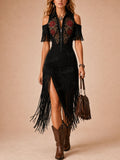 Best for Coastal Cowgirl Road Trips — 2026 Spring Summer Women's Pitch Black Long Tassel High-Slit Bodycon Midi Dress