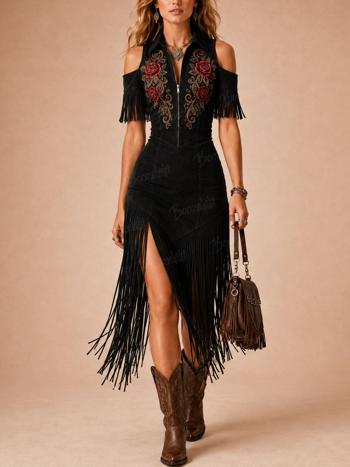 Best for Coastal Cowgirl Road Trips — 2026 Spring Summer Women's Pitch Black Long Tassel High-Slit Bodycon Midi Dress