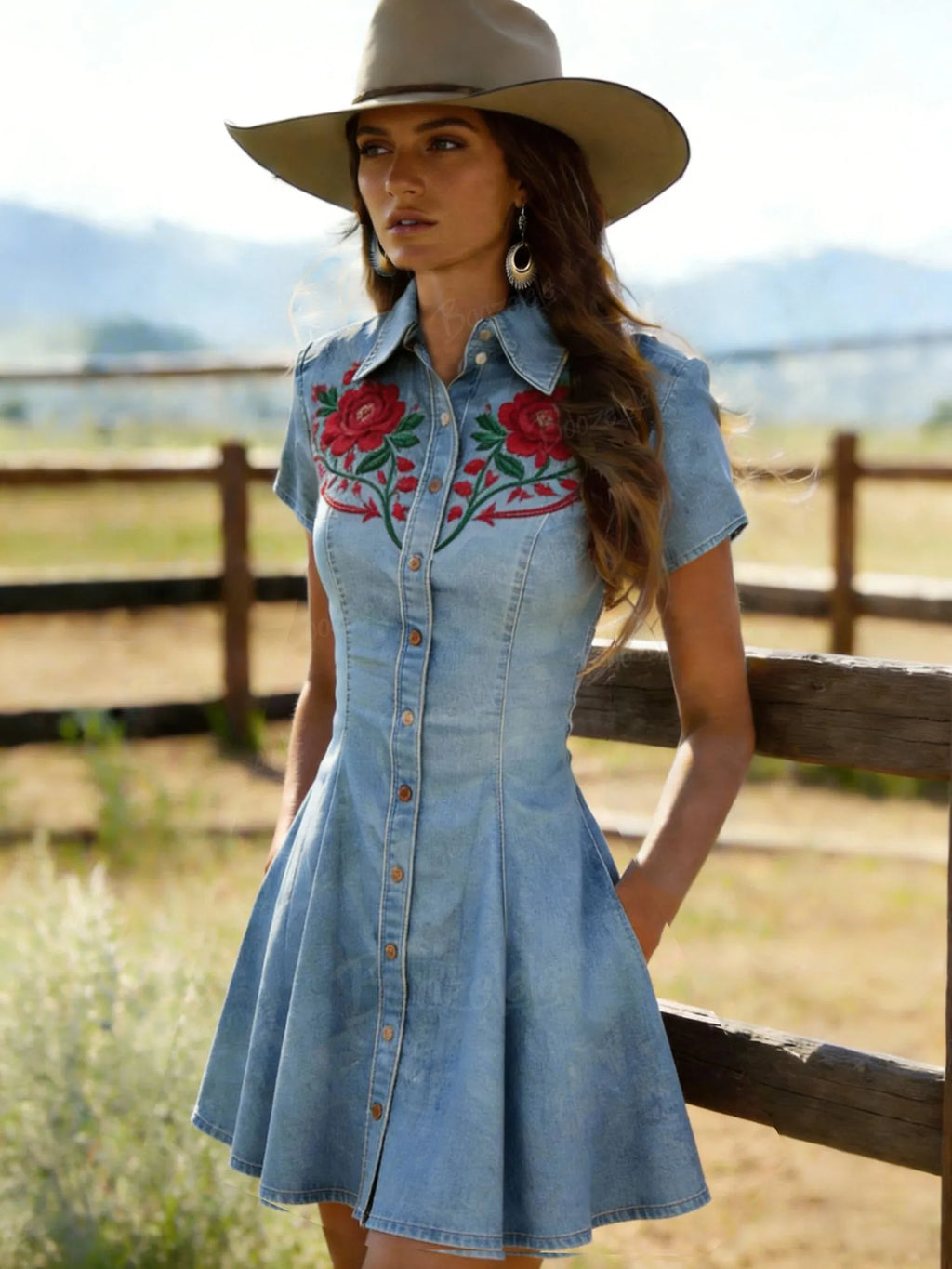 [Embroidery] Women'S Vintage Floral Print Short-Sleeved Denim Dress With A Fitted Waist.