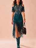 Western-Style Midi Dress — Moss Green And Dark Cyan Heavy-Duty Vintage Floral Embroidery Off-Shoulder Zipper Tassel Midi Dress