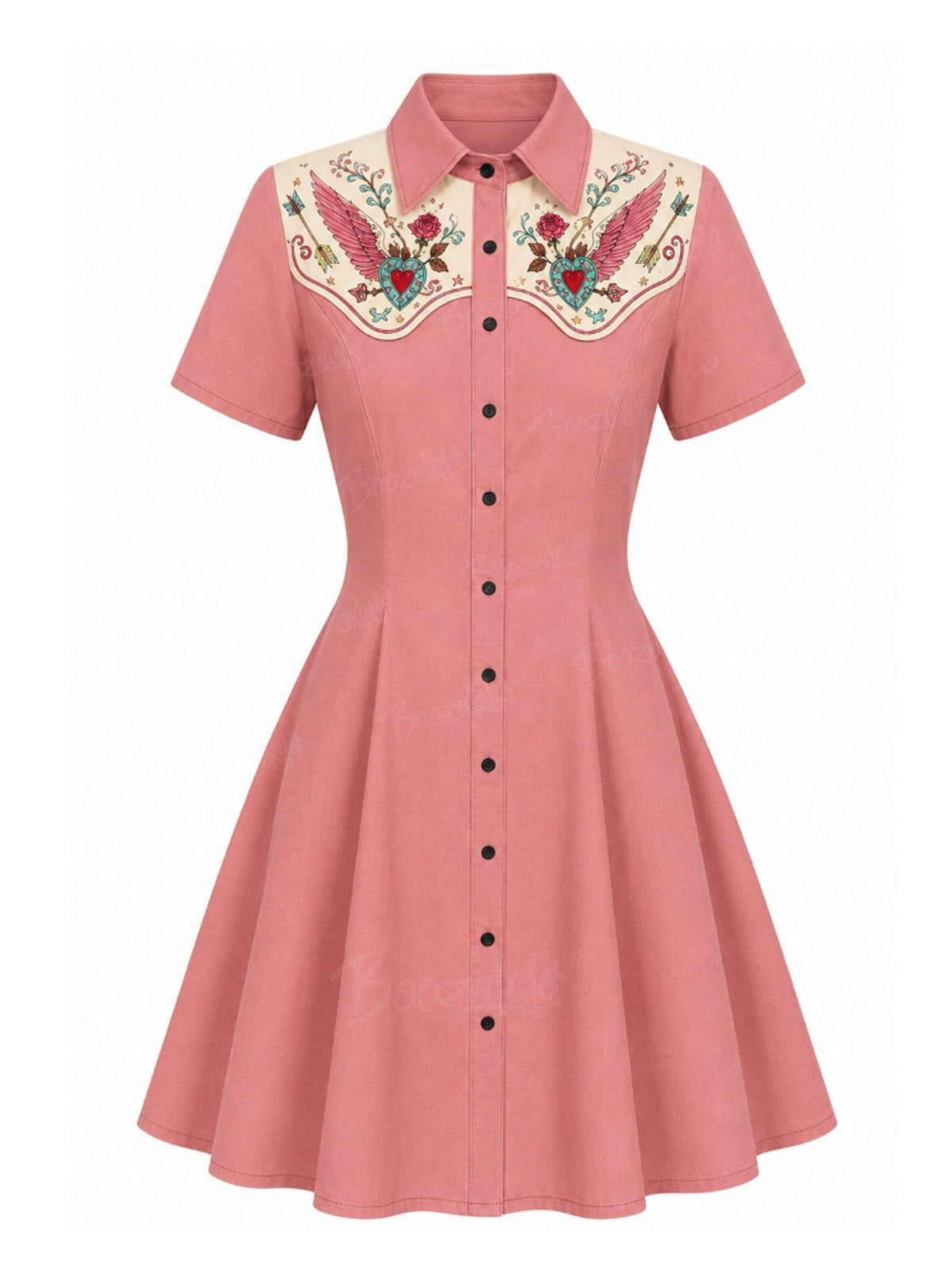 Western Romance Series — 2026 S/S Pink Denim-Feel Button-Front Slim-Fit Flared Mini Dress-100% Cotton