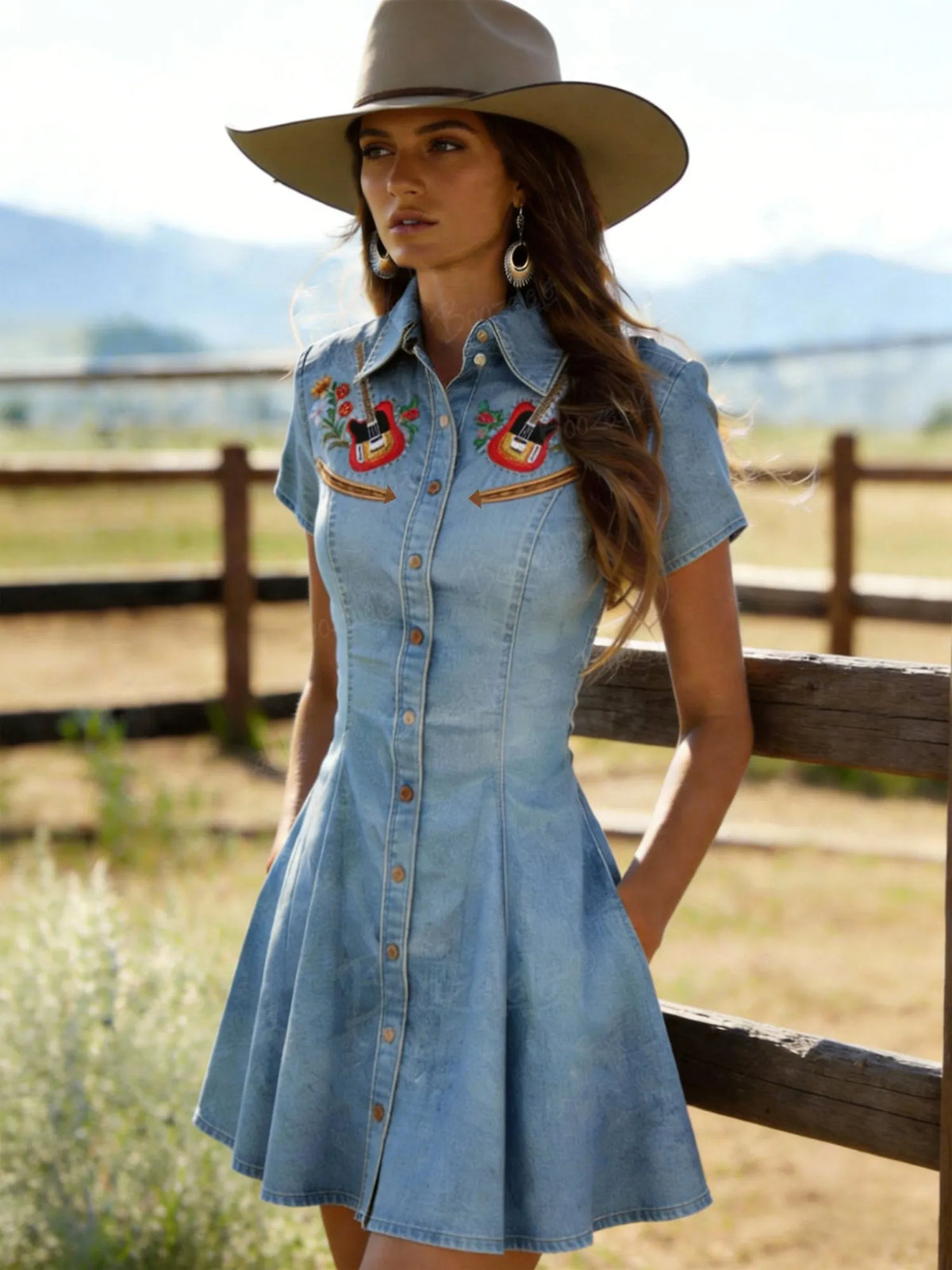 [Embroidery] Women'S Musical Guitar Print Slim-Fit, Waist-Cinching Design Short-Sleeved Denim Dress