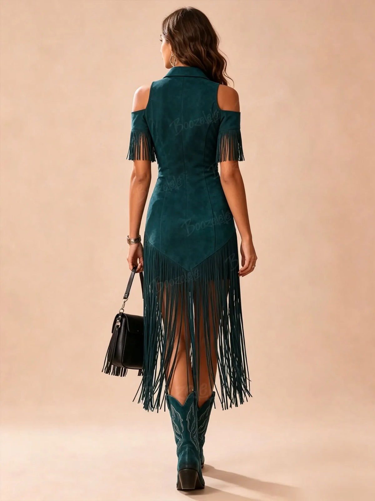 Western-Style Midi Dress — Moss Green And Dark Cyan Heavy-Duty Vintage Floral Embroidery Off-Shoulder Zipper Tassel Midi Dress
