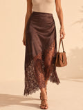 2026 S/S French Casual — Deep Cocoa Satin Silk-Feel Asymmetrical Lace Patchwork Midi Skirt