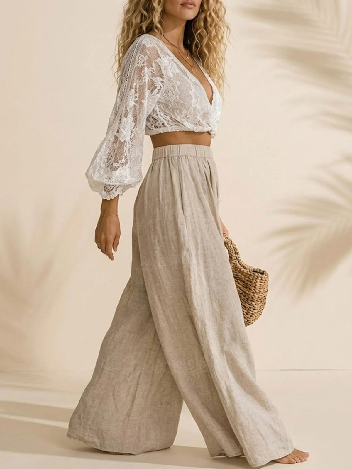Seaside Vacations & Exotic Travels — White Lace Deep V Crop Top & Oat Linen Maxi Skirt Set