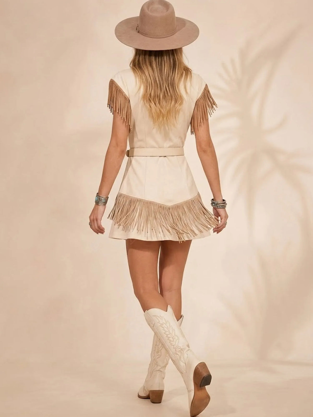 Coastal Cowgirl Series — 2026 S/S Ivory Matte Suede Cap-Sleeve Slim-Fit Statement Mini Dress(No belt)