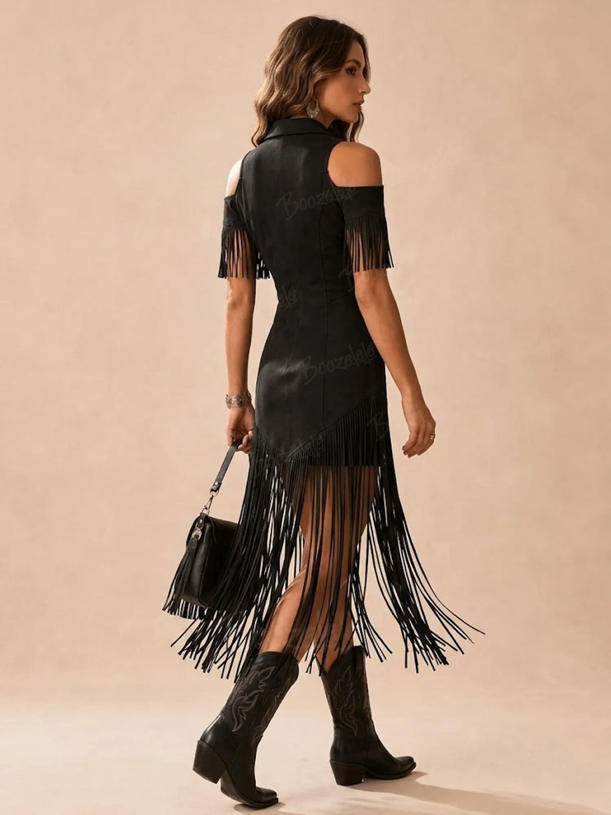 [Embroidery]Wild Noir Elegance — 2026 S/S Black Cinched Multi-Craft Stage-Effect Statement Midi Dress