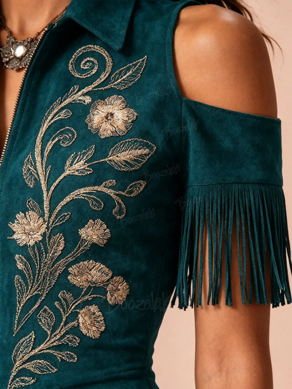 Western-Style Midi Dress — Moss Green And Dark Cyan Heavy-Duty Vintage Floral Embroidery Off-Shoulder Zipper Tassel Midi Dress