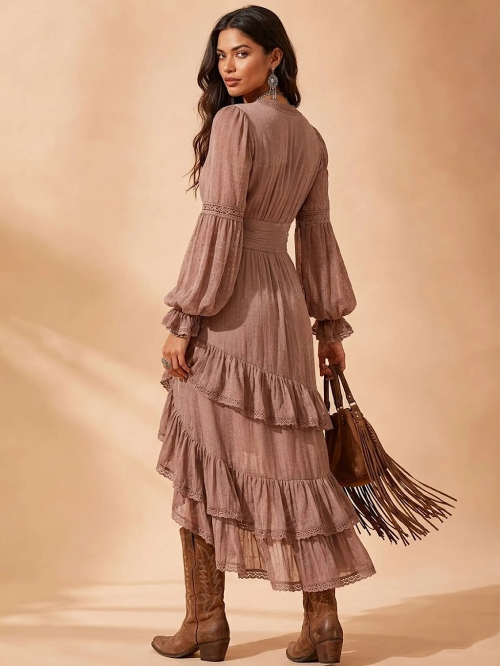 Modern Cowgirl Series — 2026 S/S Vintage Dusty Rose Bishop Sleeve Lace-Trim Maxi Dress