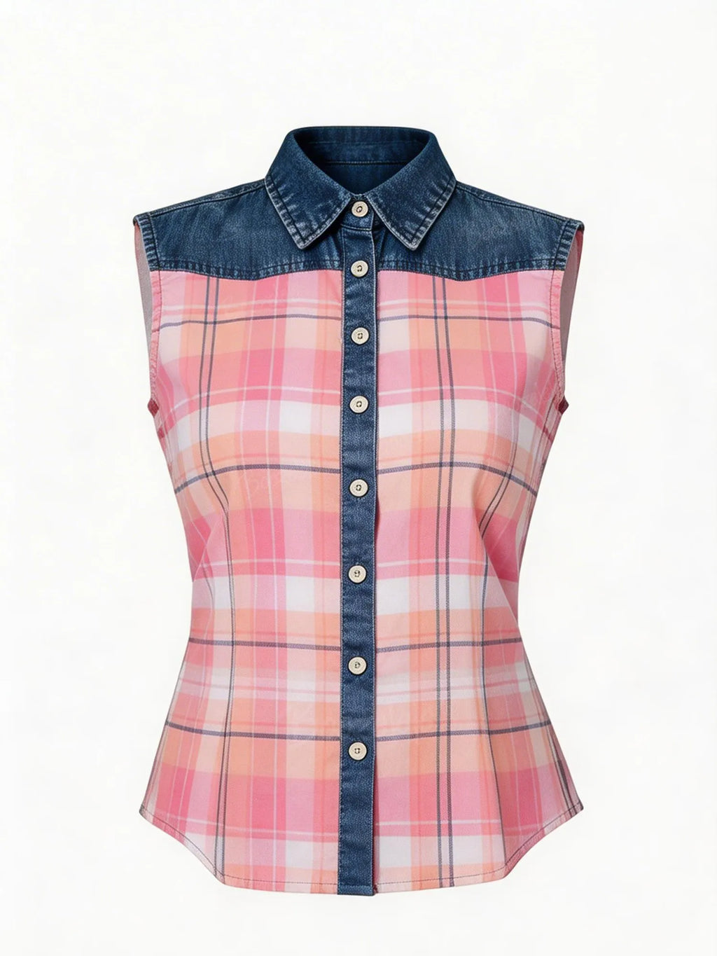 Women's Western Plaid Print Sleeveless Shirt- 100% Cotton