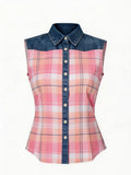 Women's Western Plaid Print Sleeveless Shirt- 100% Cotton