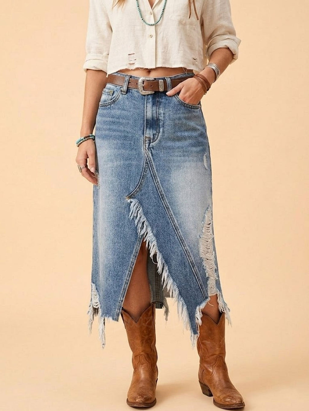 Perfect for Outdoor Festivals & Desert Shoots — Nostalgic Wash Blue Irregular Fringed Distressed Stretch Denim Midi Skirt