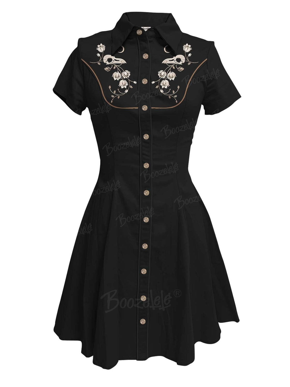 [Embroidery]Skeleton Crow Head And Flower - 100% Cotton Double Pocket Dress