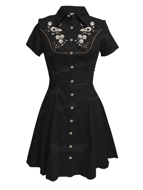[Embroidery]Skeleton Crow Head And Flower - 100% Cotton Double Pocket Dress