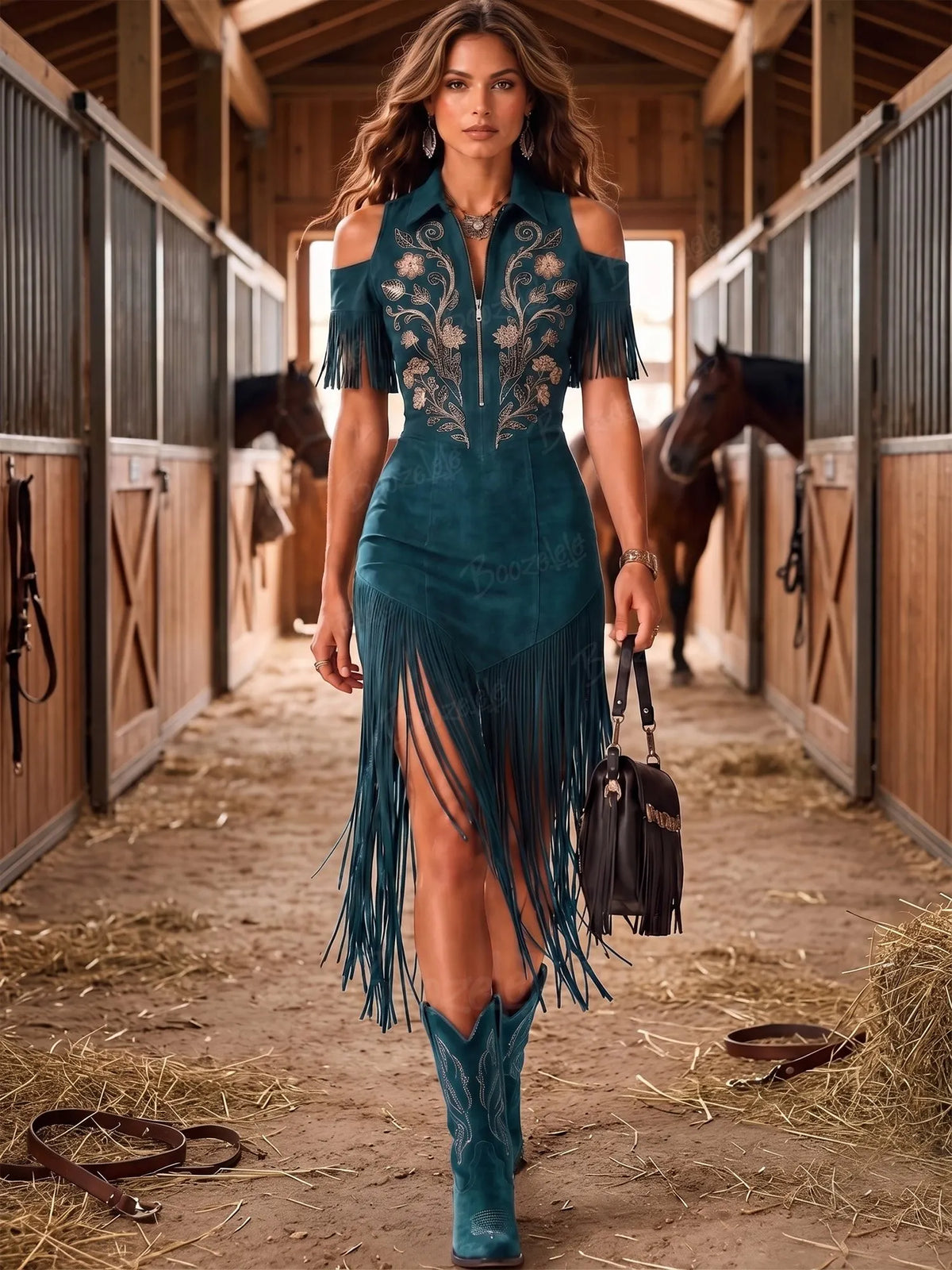 Western-Style Midi Dress — Moss Green And Dark Cyan Heavy-Duty Vintage Floral Embroidery Off-Shoulder Zipper Tassel Midi Dress