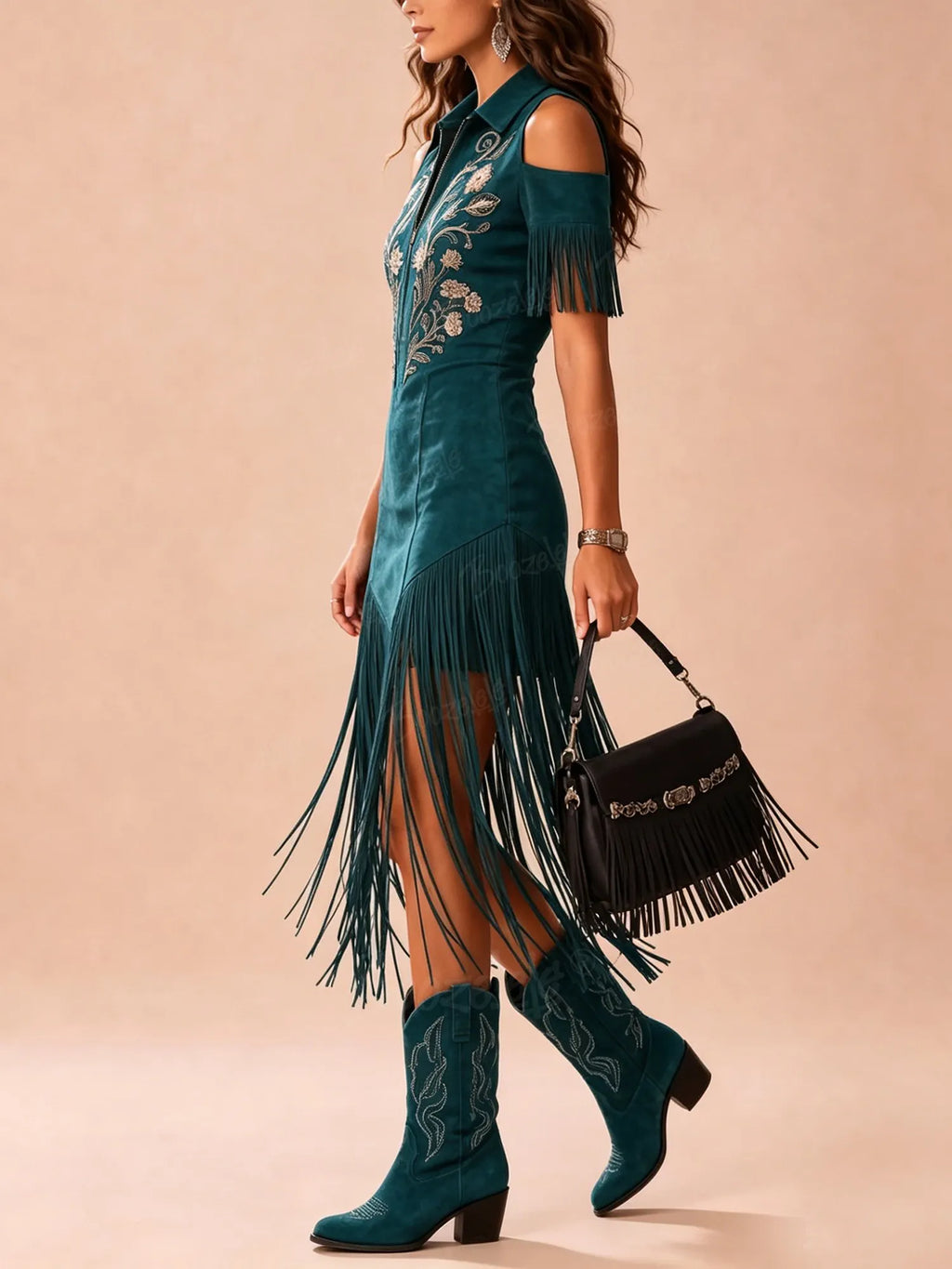 Western-Style Midi Dress — Moss Green And Dark Cyan Heavy-Duty Vintage Floral Embroidery Off-Shoulder Zipper Tassel Midi Dress