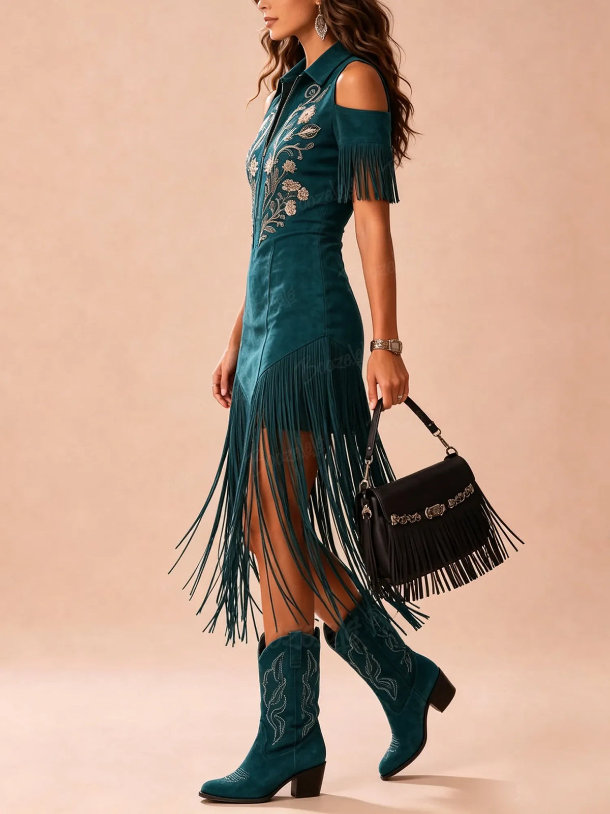 Western-Style Midi Dress — Moss Green And Dark Cyan Heavy-Duty Vintage Floral Embroidery Off-Shoulder Zipper Tassel Midi Dress
