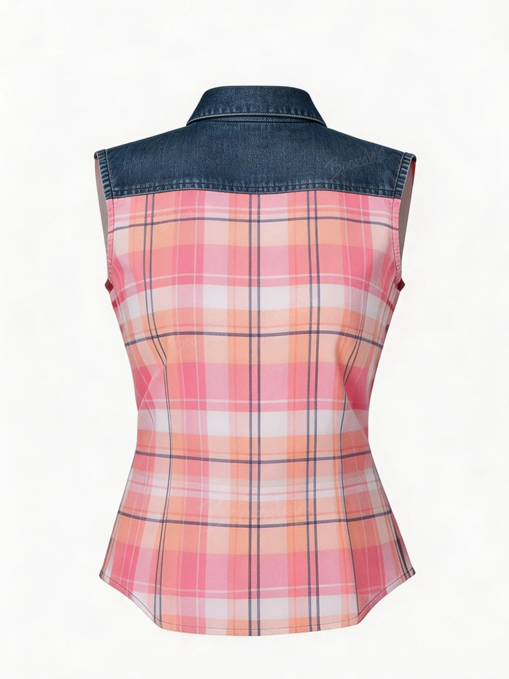 Women's Western Plaid Print Sleeveless Shirt- 100% Cotton