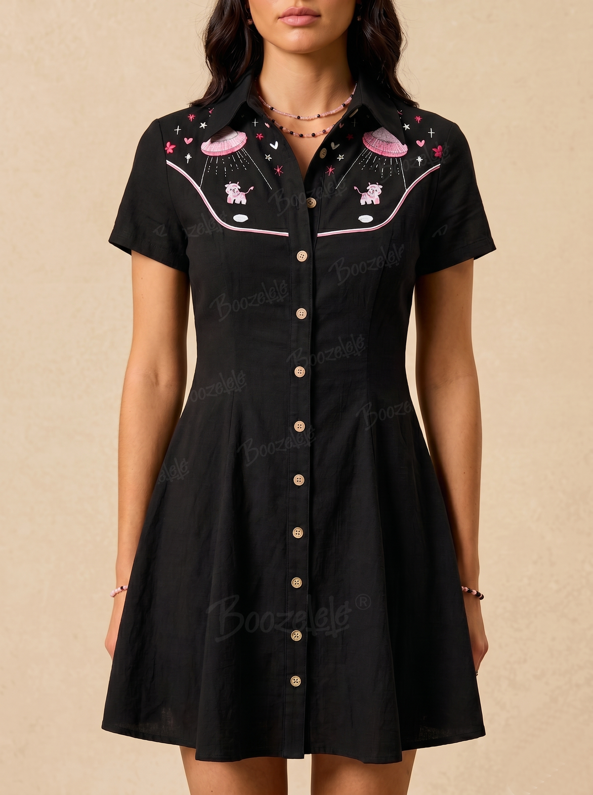 [Embroidery]UFO Captures Pink Cow  - 100% Cotton Dress
