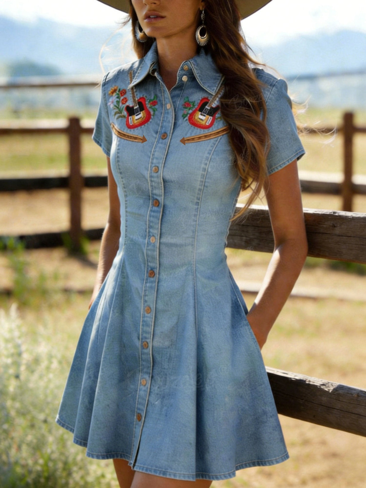 [Embroidery] Women'S Musical Guitar Print Slim-Fit, Waist-Cinching Design Short-Sleeved Denim Dress