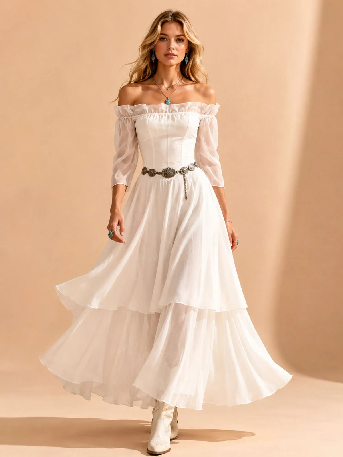 2026 S/S Romantic Muse — White Off-the-Shoulder Sheer Puff Sleeve Tiered Maxi Dress