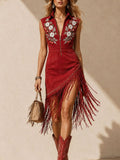 Ideal for Music Festivals — 2026 Spring/Summer Western-Style Vintage Dark Red Twill Premium Cowgirl Fringe Zipper Mini Dress
