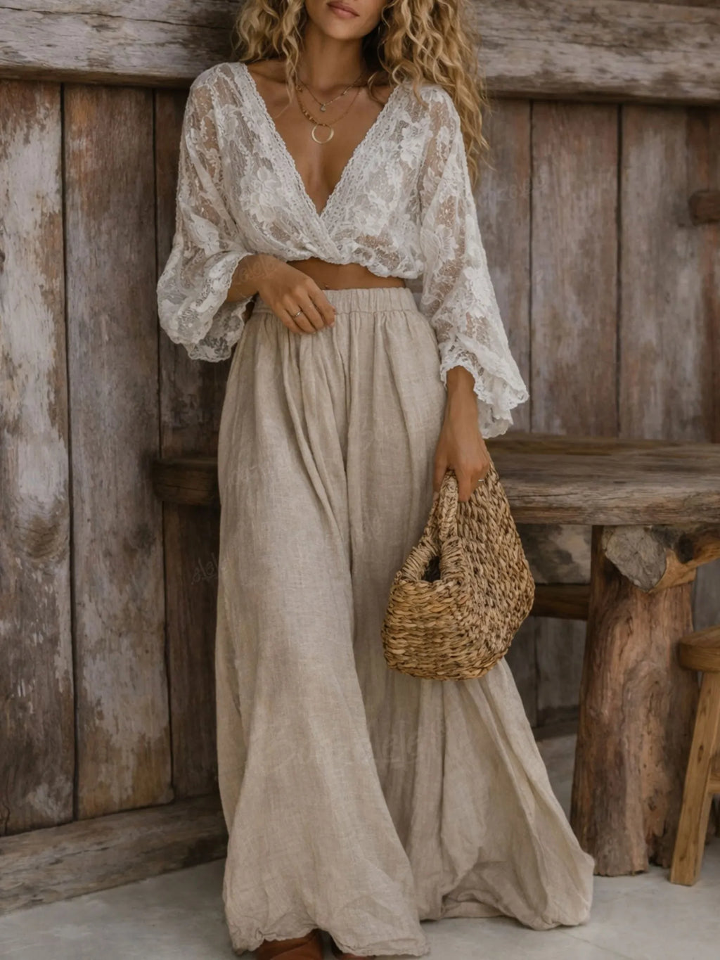 Seaside Vacations & Exotic Travels — White Lace Deep V Crop Top & Oat Linen Maxi Skirt Set