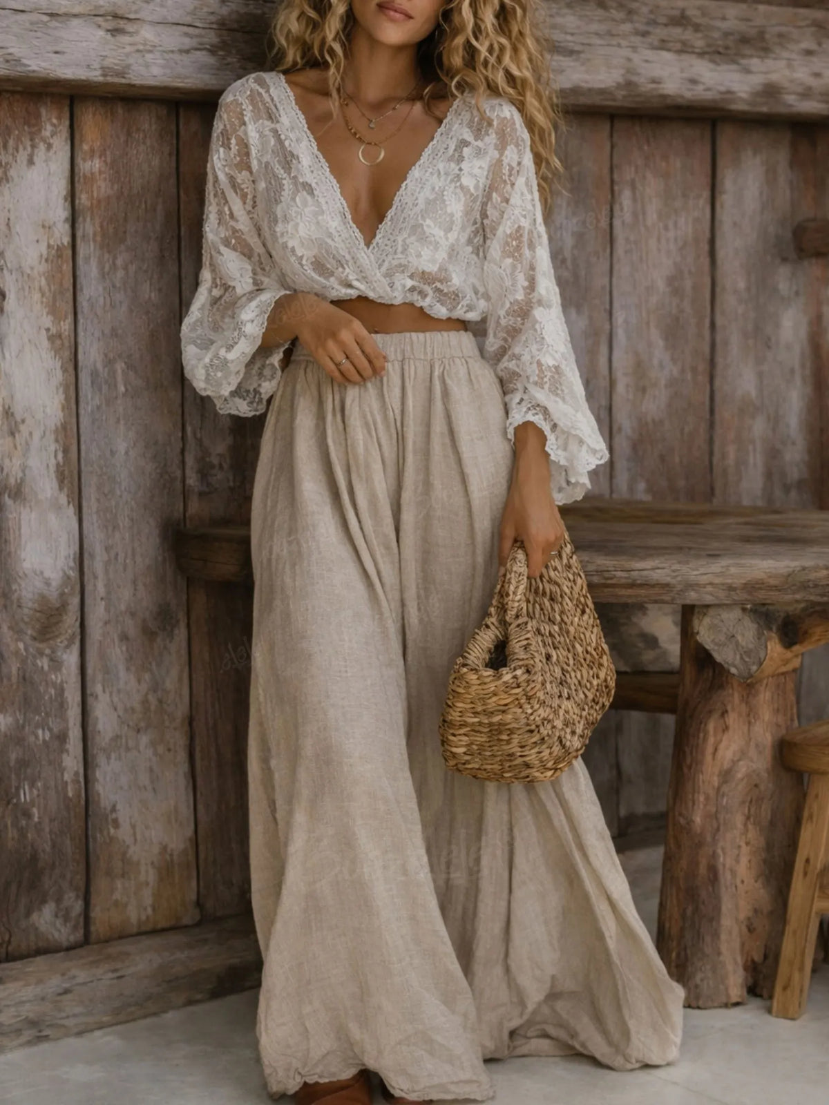 Seaside Vacations & Exotic Travels — White Lace Deep V Crop Top & Oat Linen Maxi Skirt Set