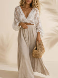 Seaside Vacations & Exotic Travels — White Lace Deep V Crop Top & Oat Linen Maxi Skirt Set